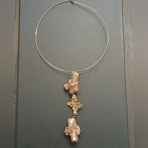 VINTAGE Gold Tone Choker Necklace Ethiopian Cross Pendant Aragonite Crystal